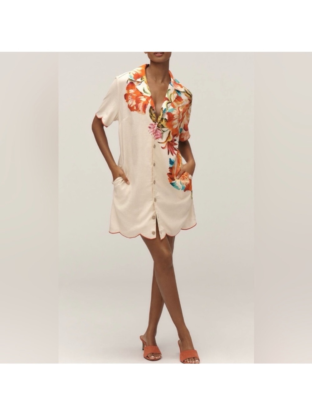 Anthropologie Women’s Cream Floral-Trim Swim Cover-Up